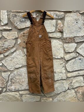 Carhartt brown duck canvas insulated bib overalls boys size 8